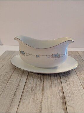 Style House Corsage Oval Gravy Bowl Dish with Underplate China Floral Blue